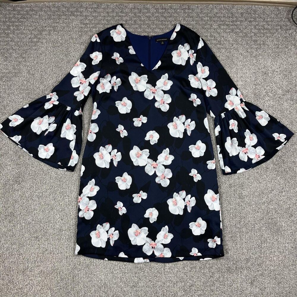 Banana Republic Dress Womens 14 Blue Floral Bell Sleeve Shift V Neck Lined